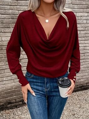 Draped V-Neck Long Sleeve Top - Burgundy